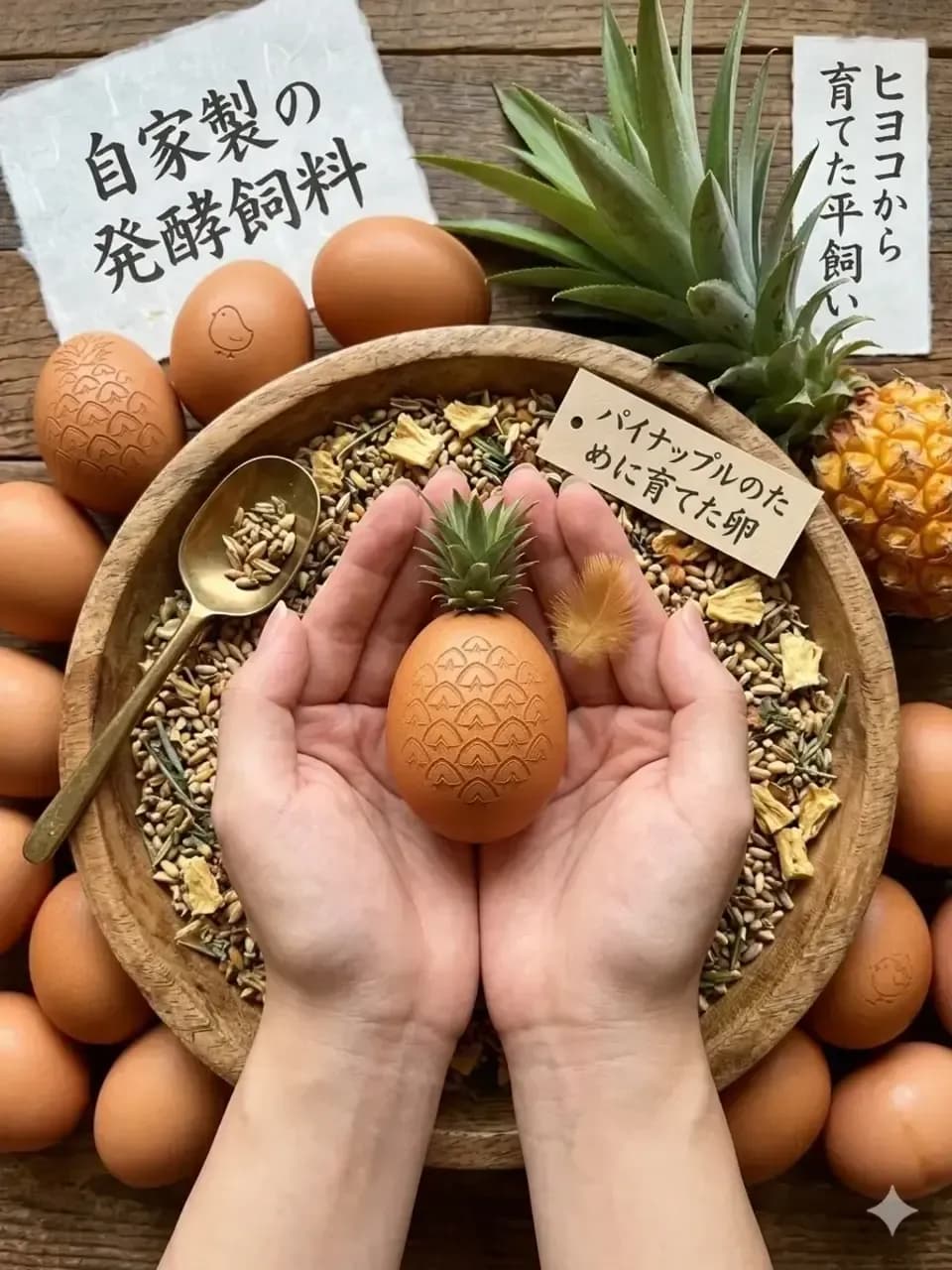 放牧卵/パイナップルのために育てた卵/自家製発酵飼料でヒヨコから育てました