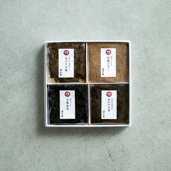 山椒じゃこ35g×1、山蕗山椒70g×1、茎わかめ煮70g×1、山椒昆布70g×1