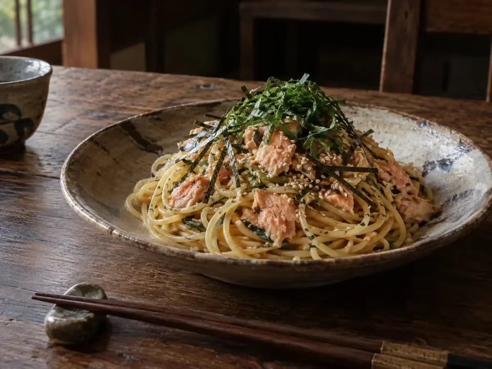 秋鮭と青じその和風バター醤油パスタ