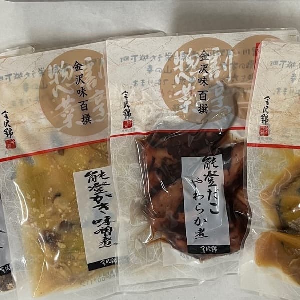 能登産焼さば味噌煮+いわしふぶき煮+能登がき味噌煮+能登だこやわらか煮