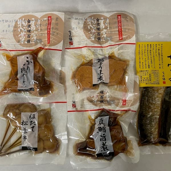 真鱈旨煮+ぶり能登煮+にしん甘露煮+鱈子うま煮+ほたて松葉串